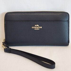 Coach F76517 Midnight Blue Pebbled Leather Accordion Zip Wallet Wristlet Gold